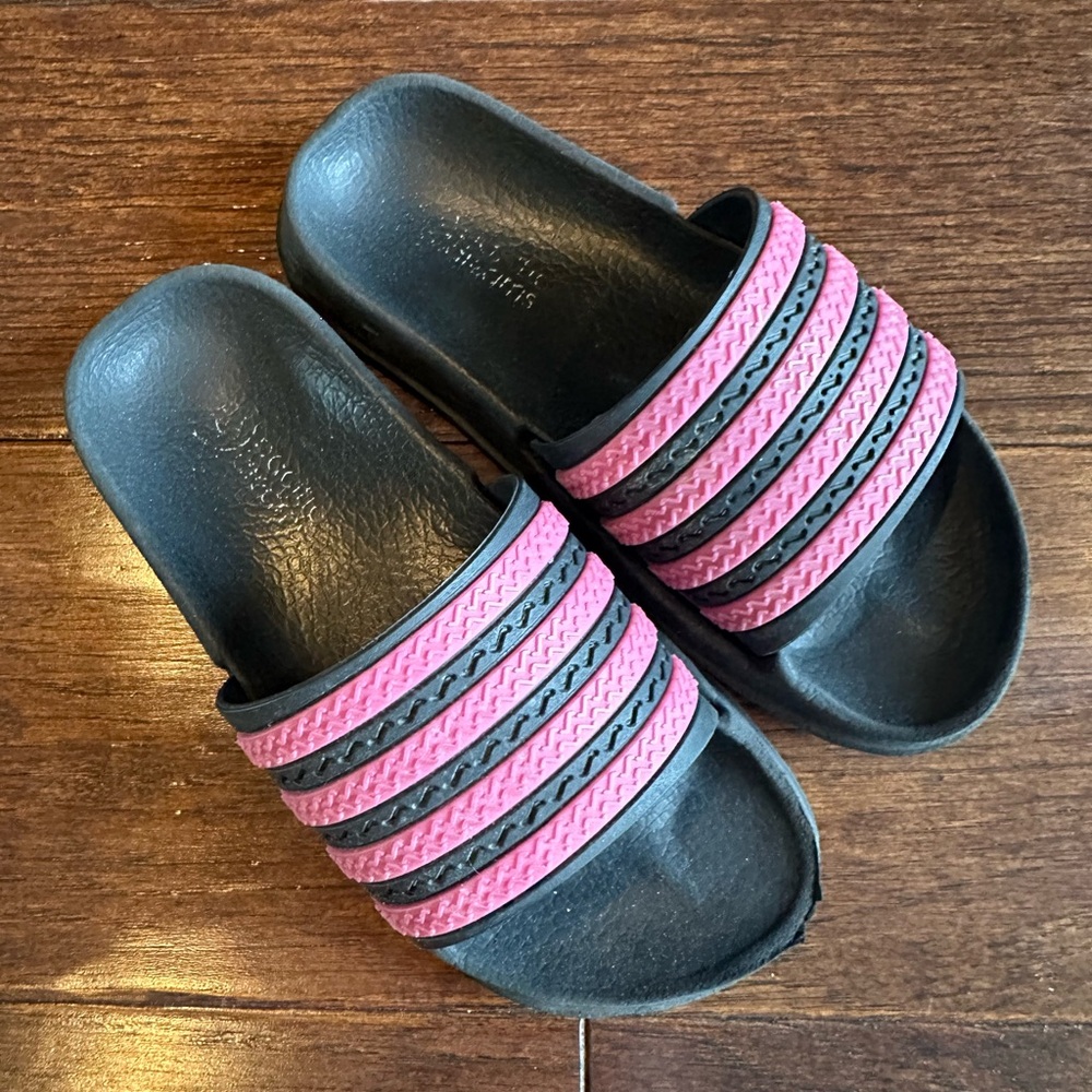 Black and Pink Adidas Slide Sandals, Sz 10